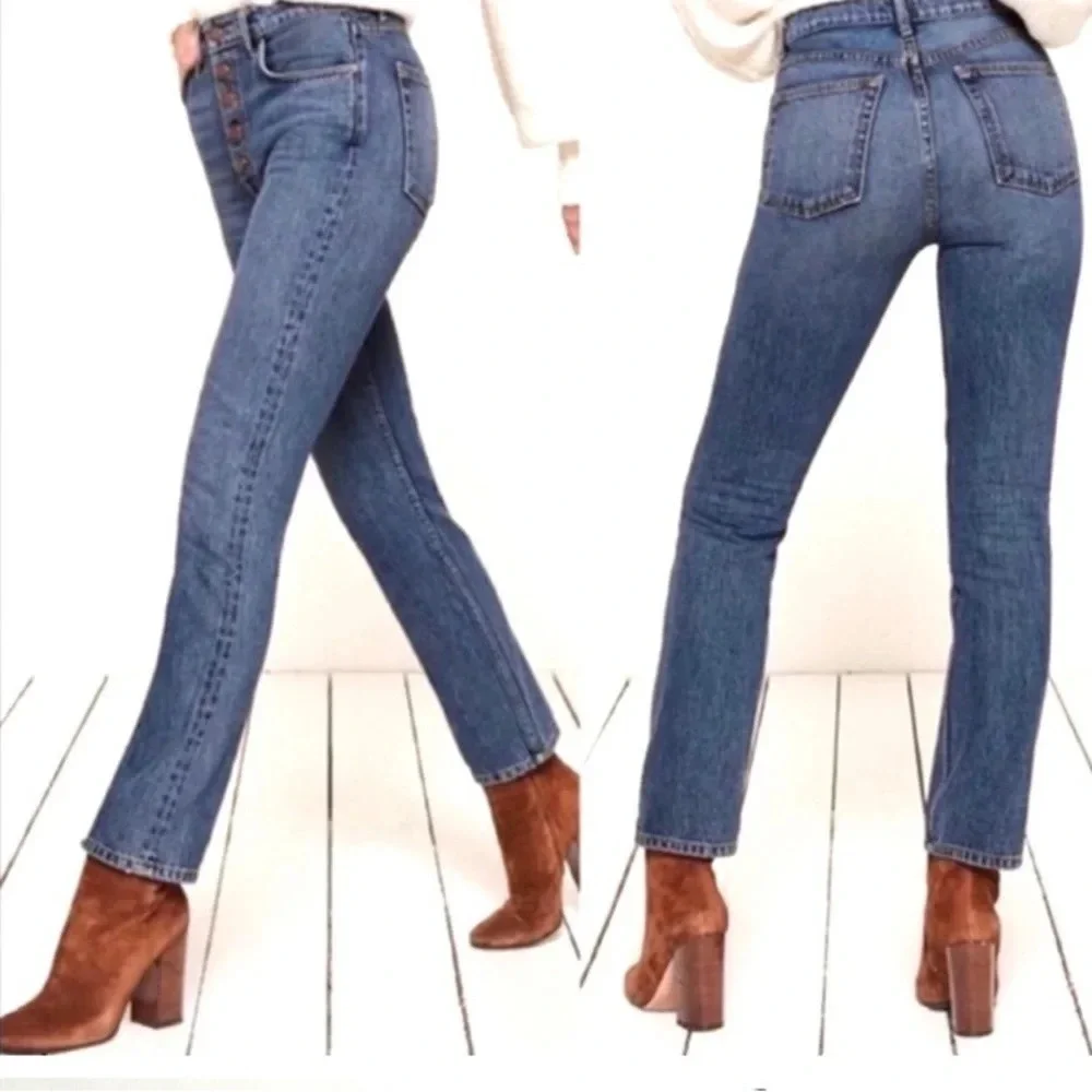 Reformation Petite Button Fly Slim Straight Ankle Baltic Wash Jeans Size 28